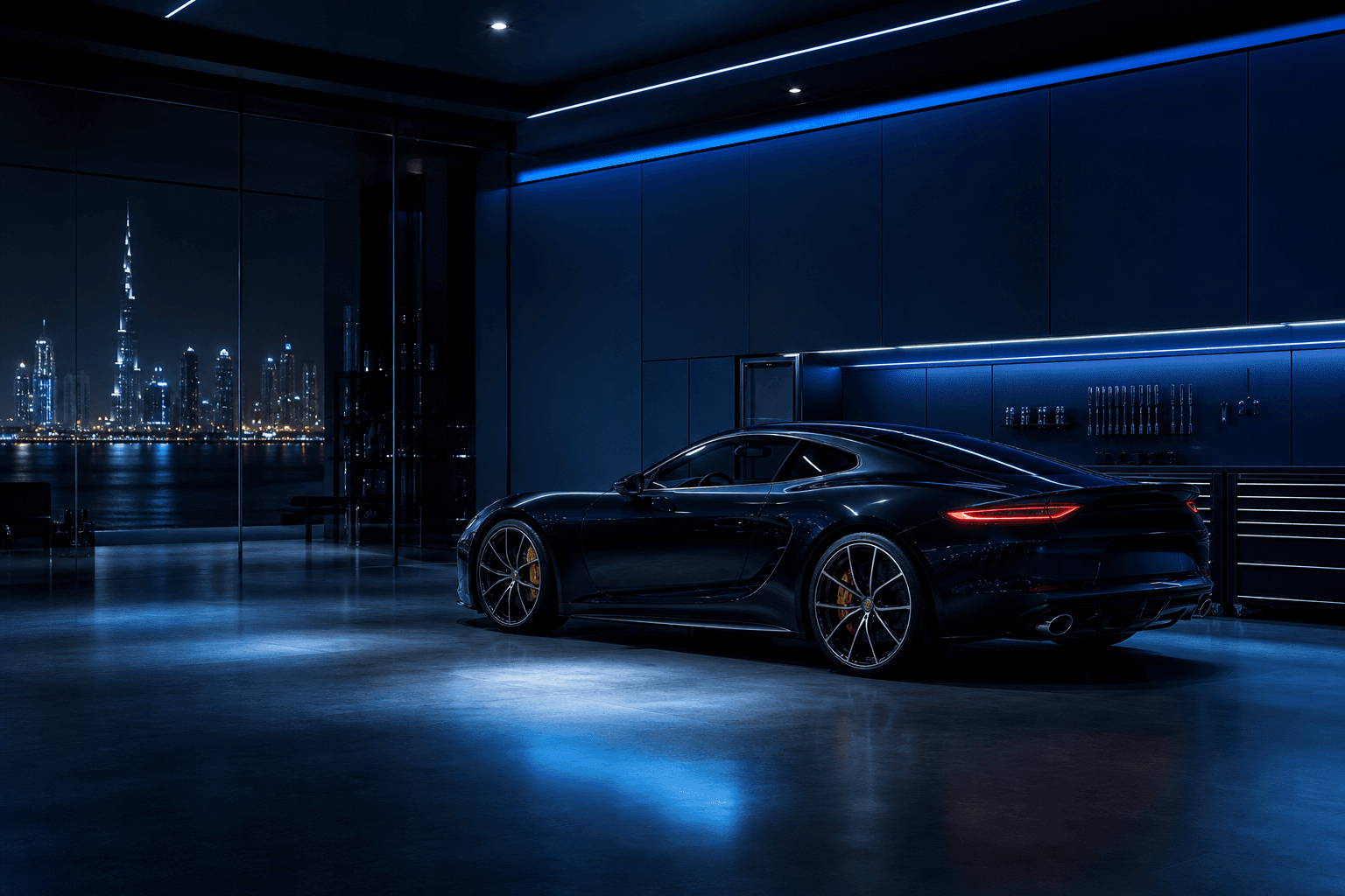 Concept image of a premium automotive workshop in Dubai